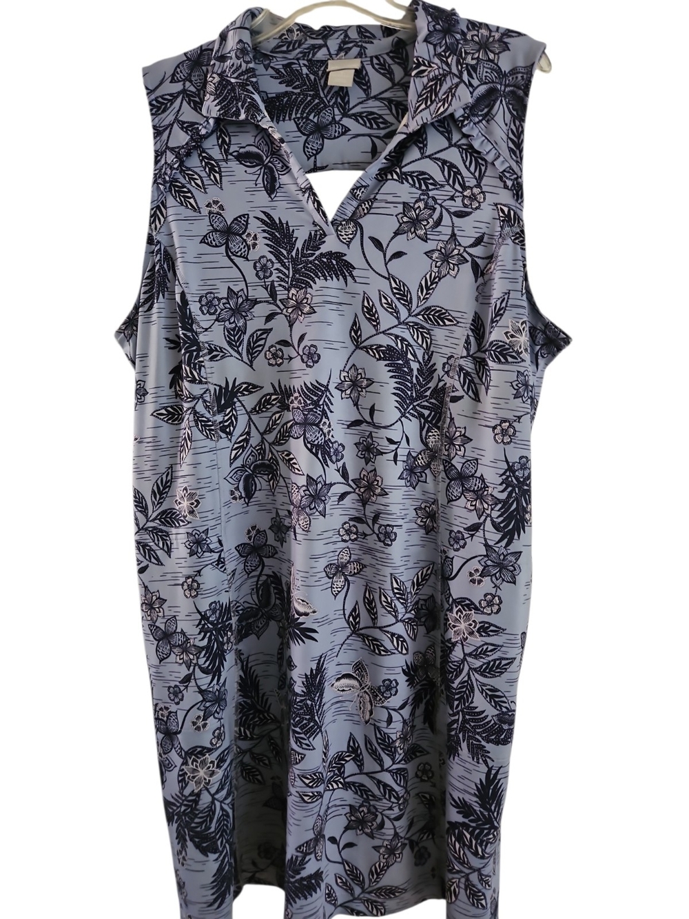 Chico's 3 Zenergy Shift Dress 16 / XL Sleeveless Blue Floral V Neck Pockets